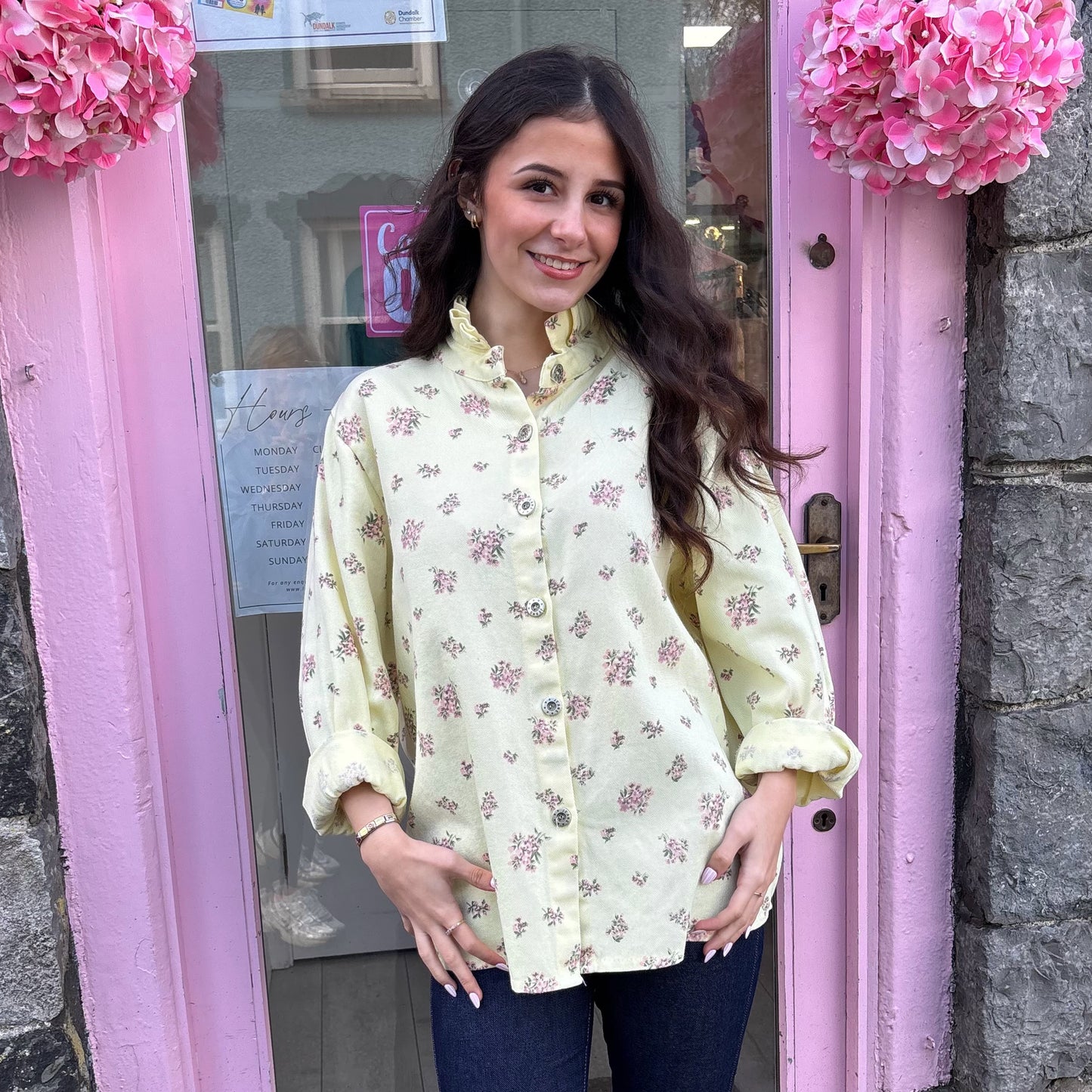 Floral Blossom Buttoned Denim Jacket Top Ruffle Neck (3 Colours)