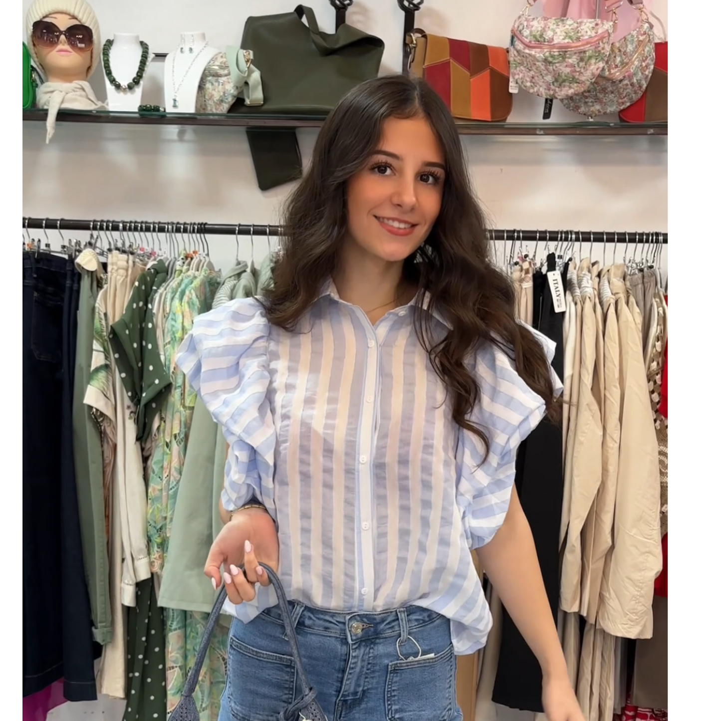 Blue/White Stripe Frill Sleeve Button Front Shirt