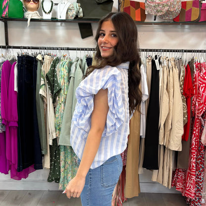 Blue/White Stripe Frill Sleeve Button Front Shirt