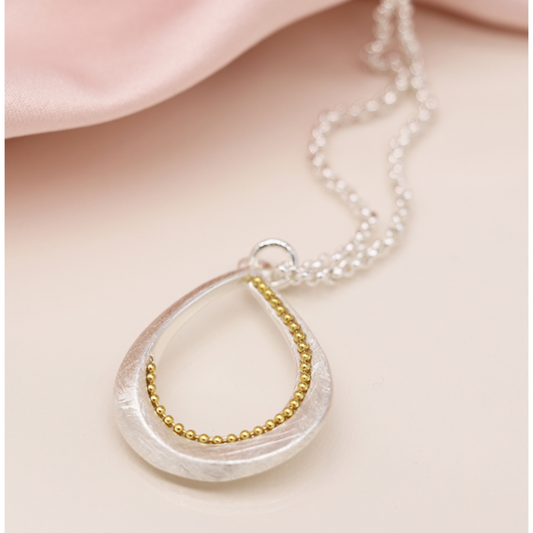 POM Silver plated brushed twist teardrop necklace with golden bead detail