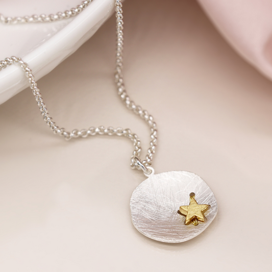 POM Silver plated scratched finish concave disc necklace with golden star