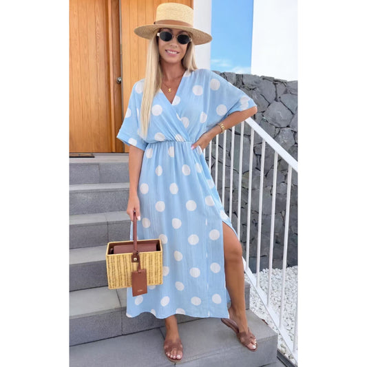 Sky Blue White Polka Dot Midi Dress One Size