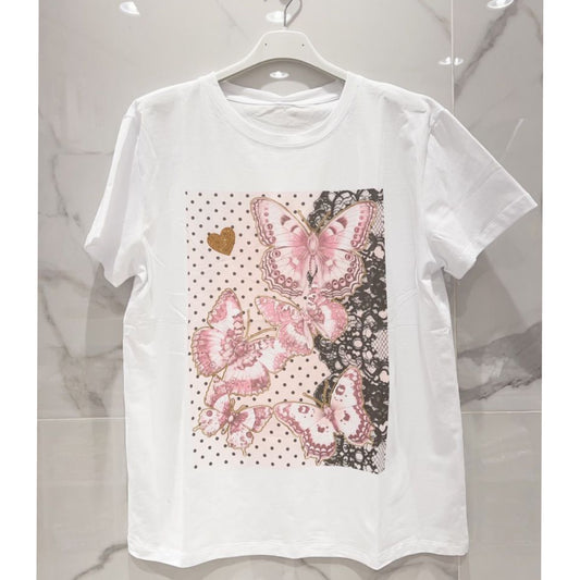 White & Pink Butterfly Cotton T-Shirt