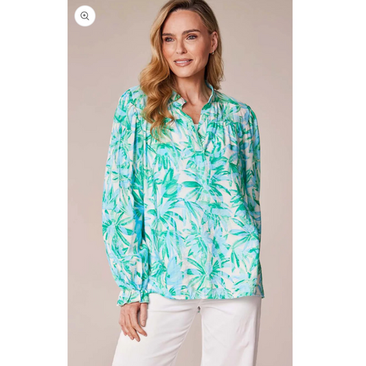 DECK Turquoise&Green Leaf Print Blouse