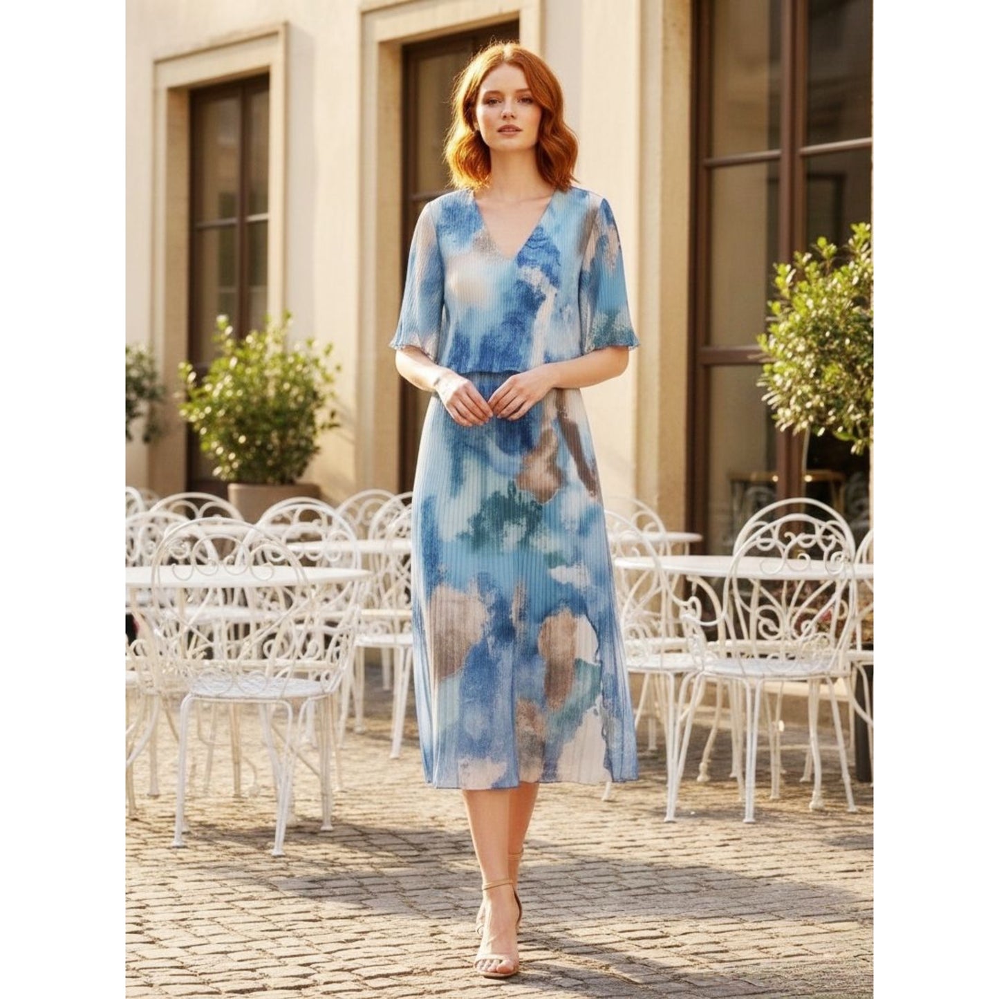 Powder Blue Multicoloured Pleated Midi Dress (One Size)