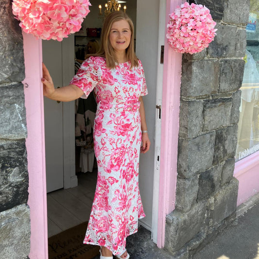 Jenna Pink & White Crochet Lace Midi Dress