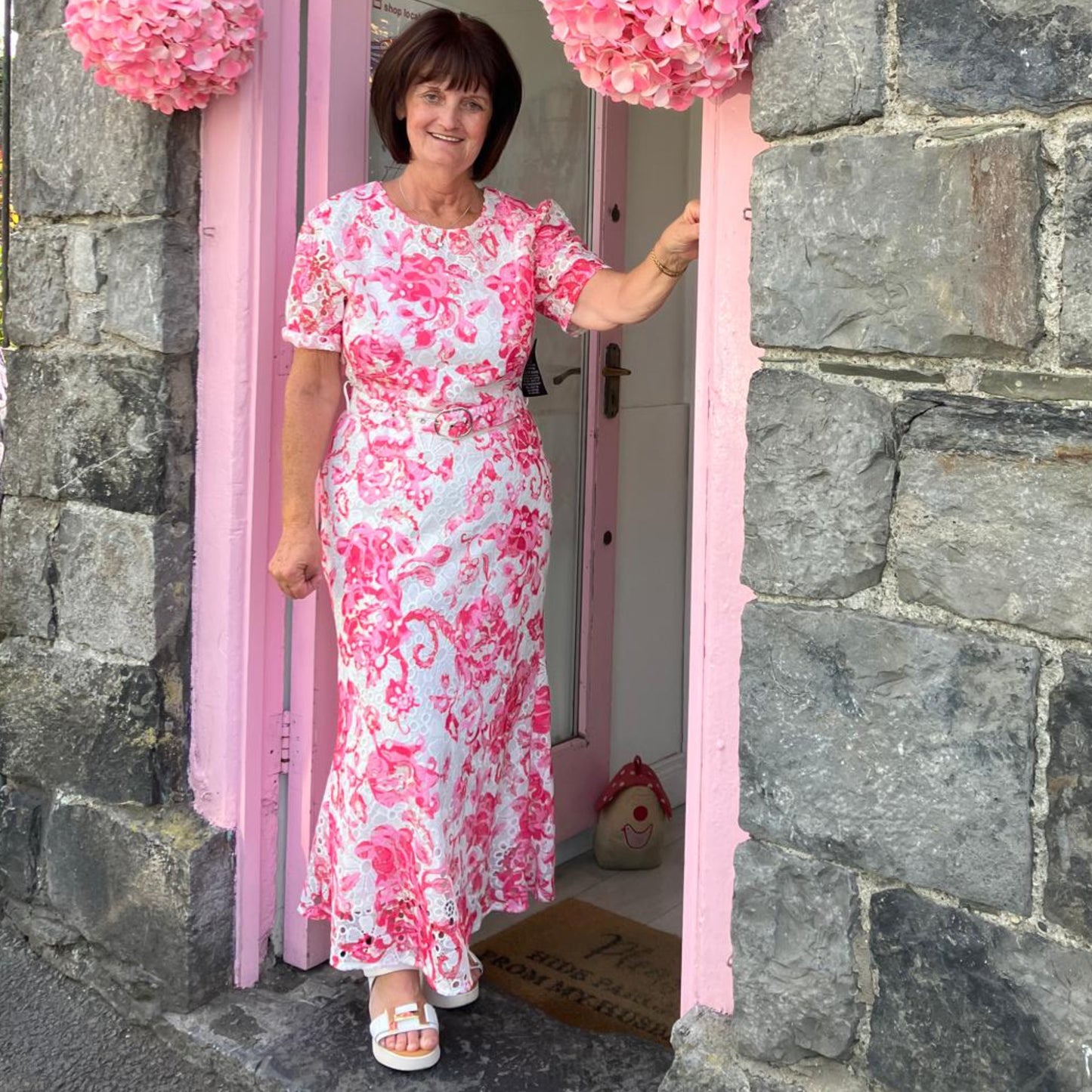 Jenna Pink & White Crochet Lace Midi Dress
