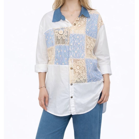 White & Denim & Cream Patch Oversized Shirt