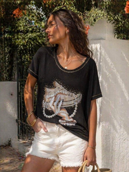 Black T-Shirt Decorative Trainer Motif