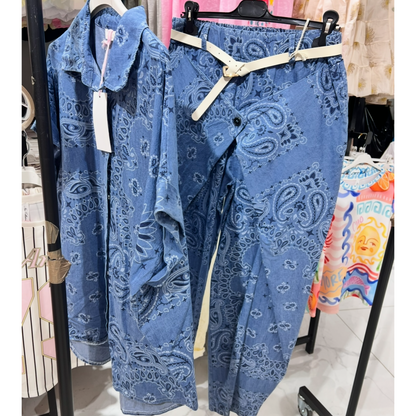 Denim Blue Paisley Print Oversized Cotton Shirt