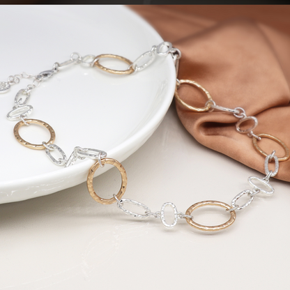 POM Silver Plated & Faux Gold Hammered Linked Hoops Necklace