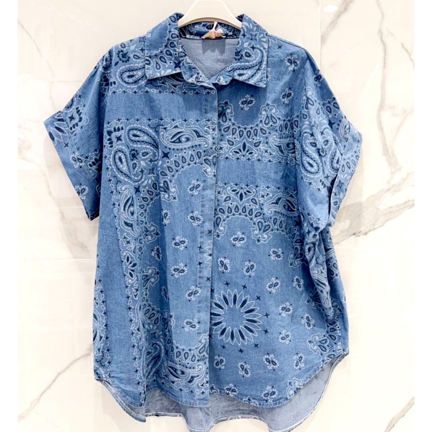 Denim Blue Paisley Print Oversized Cotton Shirt