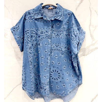 Denim Blue Paisley Print Oversized Cotton Shirt