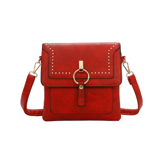 Red Leatherette Gold StuddedCrossbody Bag