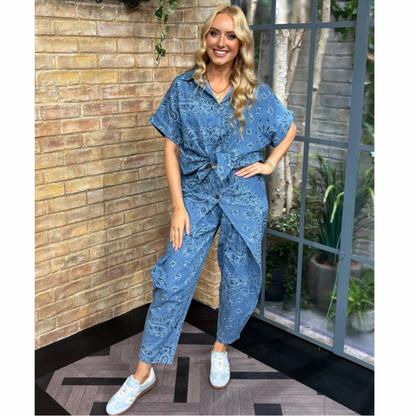 Denim Blue Paisley Print Oversized Cotton Shirt