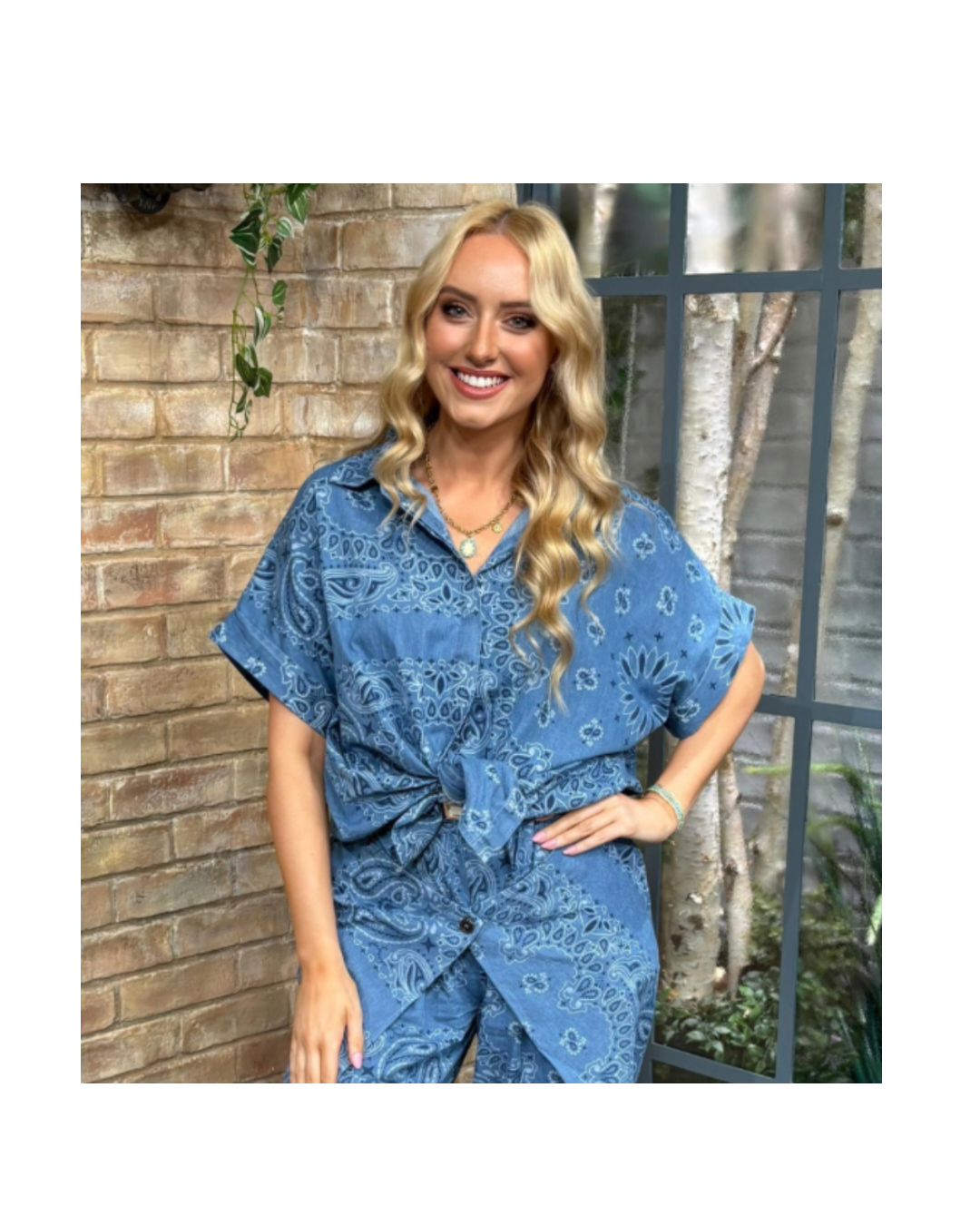 Denim Blue Paisley Print Oversized Cotton Shirt