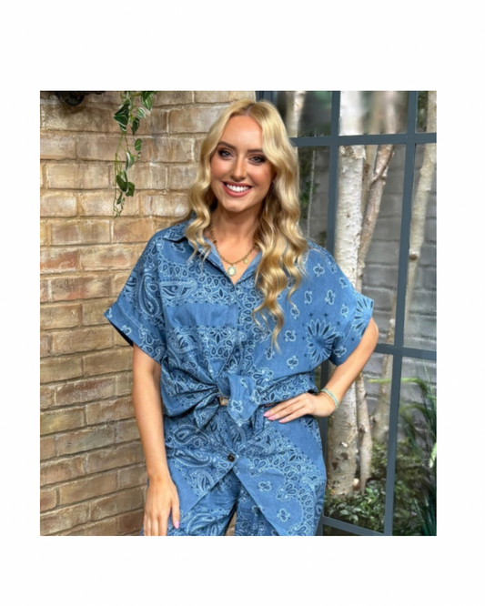 Denim Blue Paisley Print Oversized Cotton Shirt