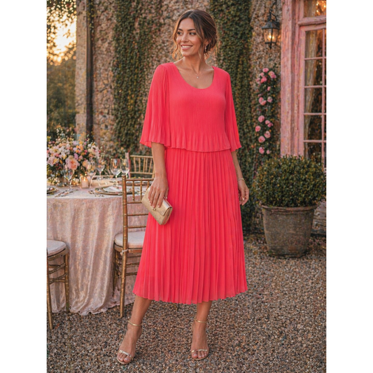 Coral Pleated Midi Dress (Fits 8-16)