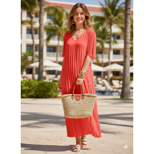 Coral Long Pleated Maxi Dress (Fits 8-18)