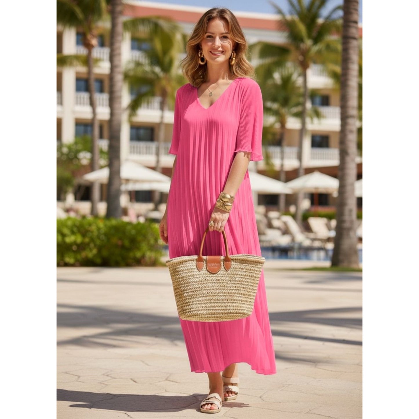Bubblegum Pink Pleated Maxi Dress