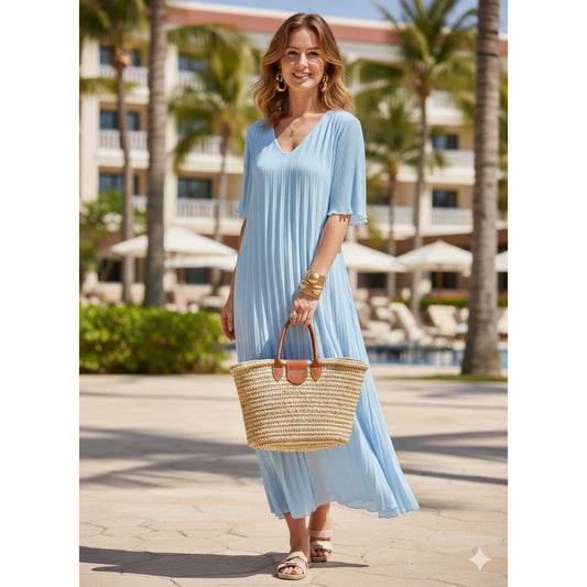 Powder Blue Long Pleated Dress