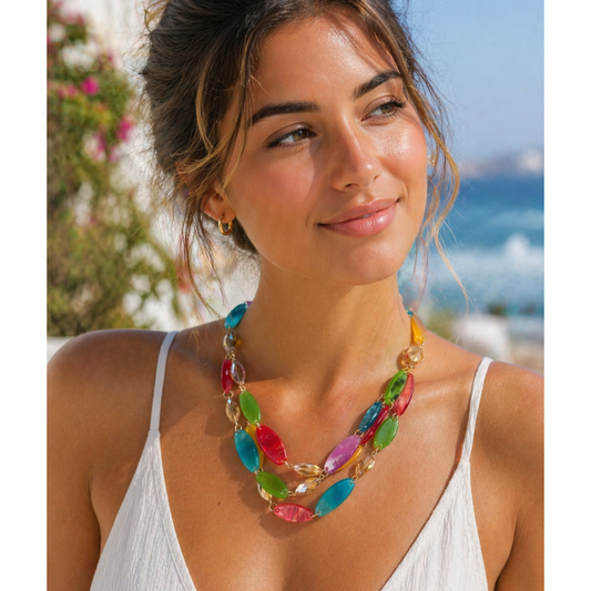 Multicoloured Beaded Necklace Triple Strand