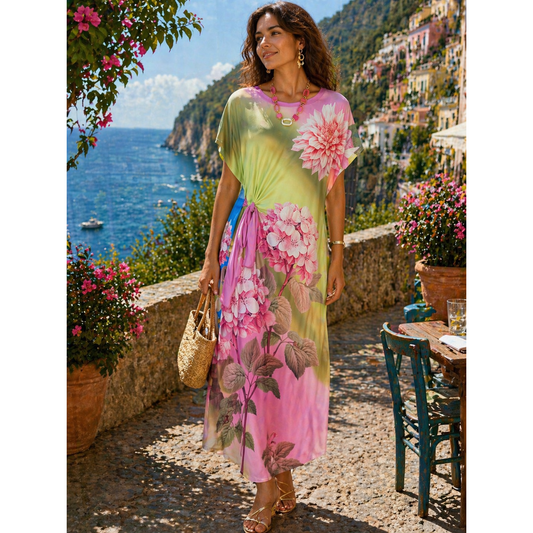 Tropical Hydraganea Print Maxi Dress with Tie Waist