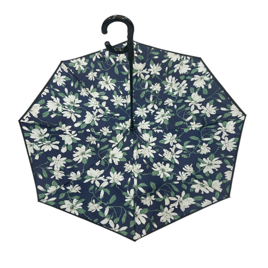 Automatic Upside Down Navy Umbrella Cream/Green Flowers