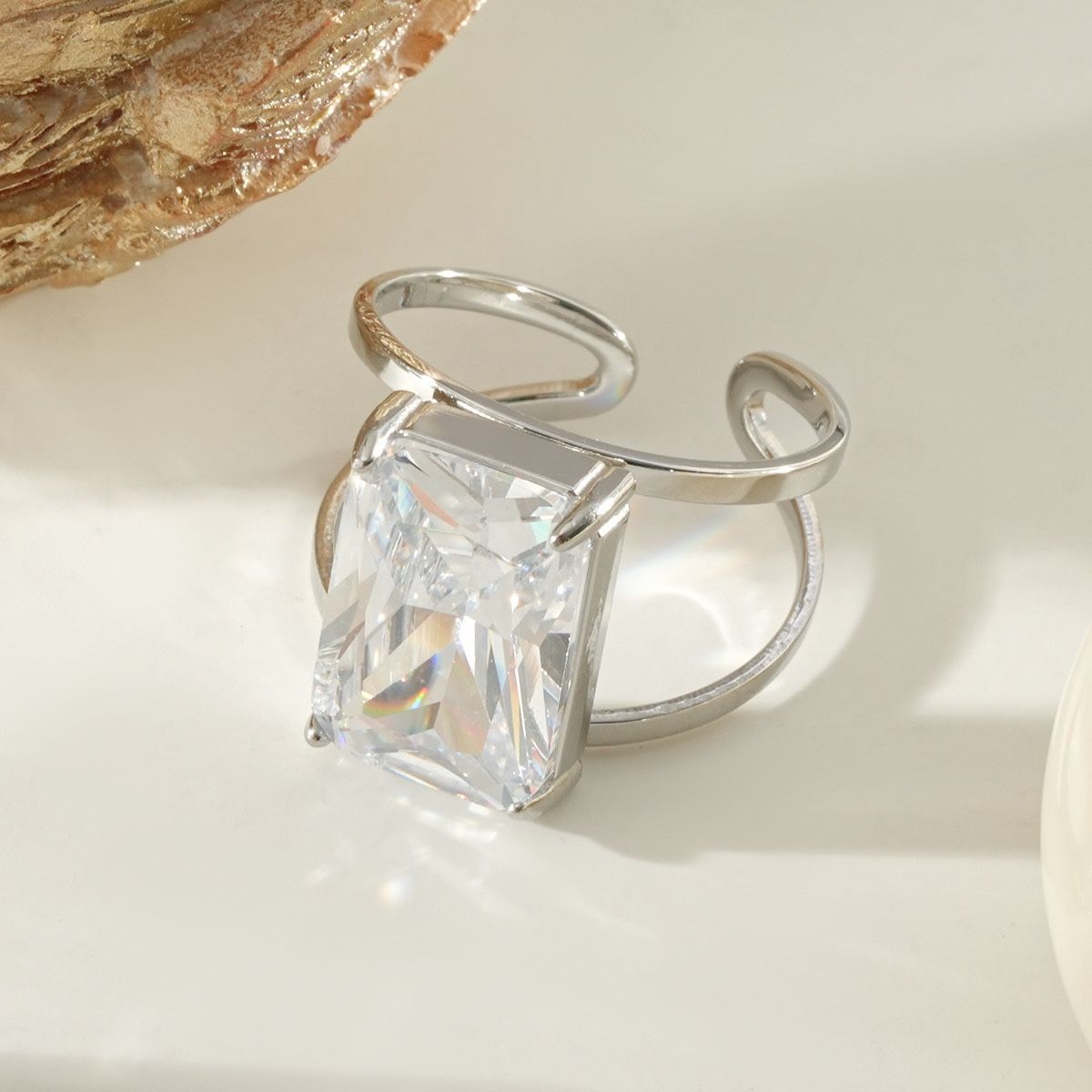Silver Cz Stainless Steel Adjustable Ring