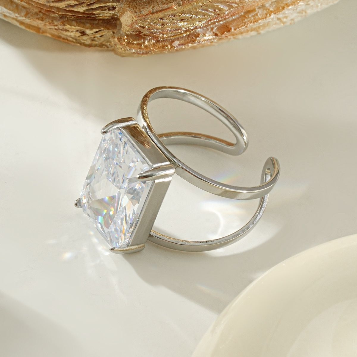 Silver Cz Stainless Steel Adjustable Ring