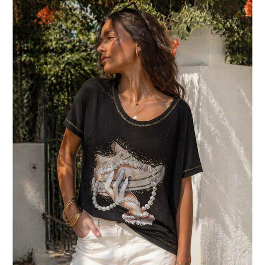 Ester Black Gold T-Shirt Crystal Pearl Embellished Trainer