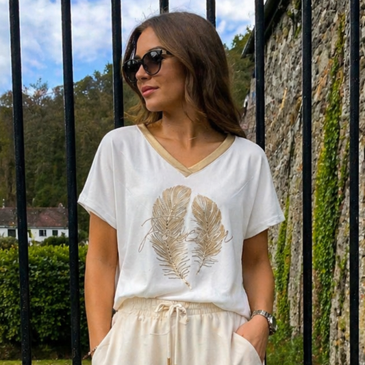 Cream & Gold V Neck T-Shirt Crystal Feathers