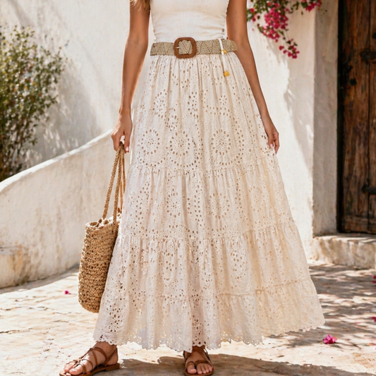 Champagne Broderie Maxi Skirt with Belt – One Size