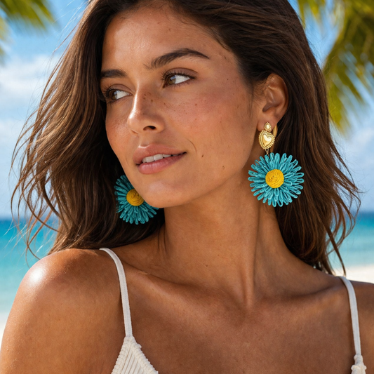 Turquoise & Yellow Daisy Statement Drop Earrings