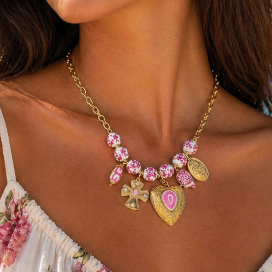 Pink White & Gold Heart Charm Necklace