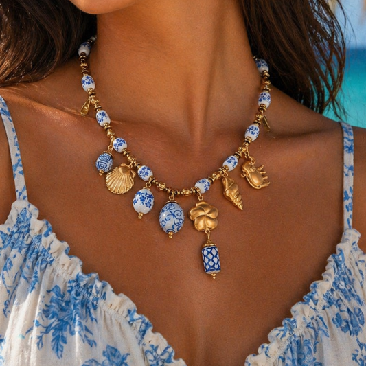 Blue White & Gold Charm Necklace