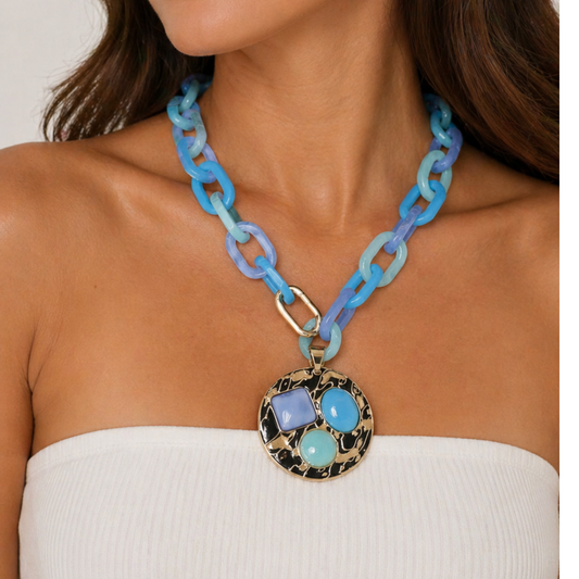 Blue Resin & Hold Statement Pendant Necklace