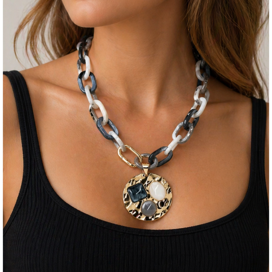 Grey White Resin & Gold Statement Pendant Necklace