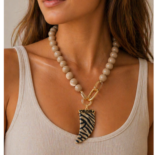 Beige Statement Beaded Necklace with Zebra Pendant