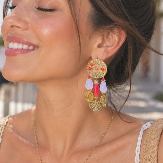 Boho Multicolour & Gold Statement Drop Earrings