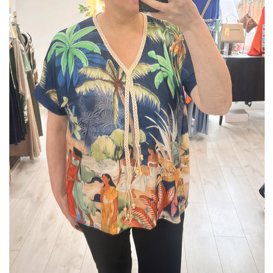 Palma Navy Tropical Print Top