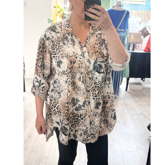 Beige Animal Print Long Shirt