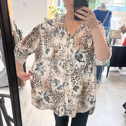 Beige Animal Print Long Shirt
