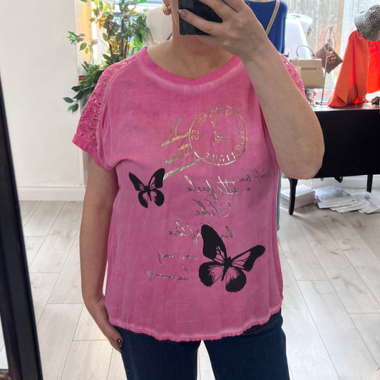 Pink Cotton T-Shirt Butterfly/Metallic