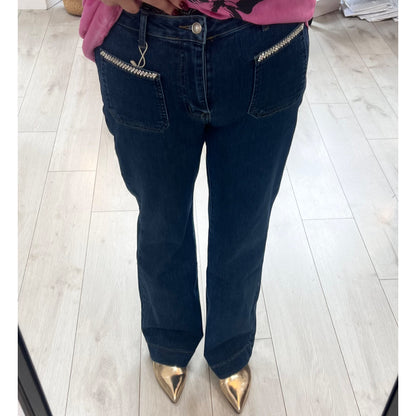 Blue Denim Straight Leg Jeans Jewel Pocket Detail