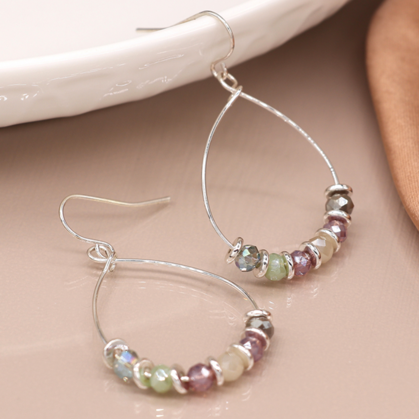 POM Silver Drop Earrings Purple & Green Beads