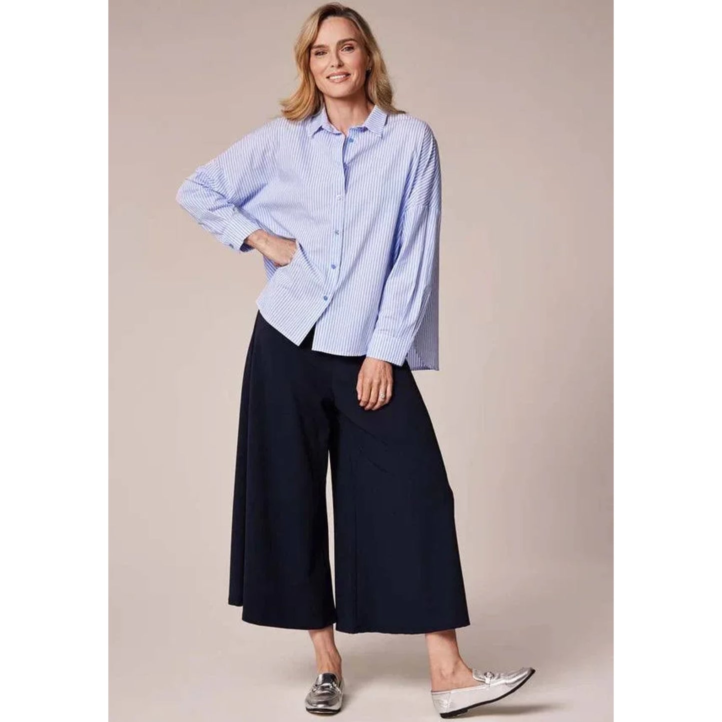 DECK Navy Elasticated Culottes/Cropped Flared Trousers