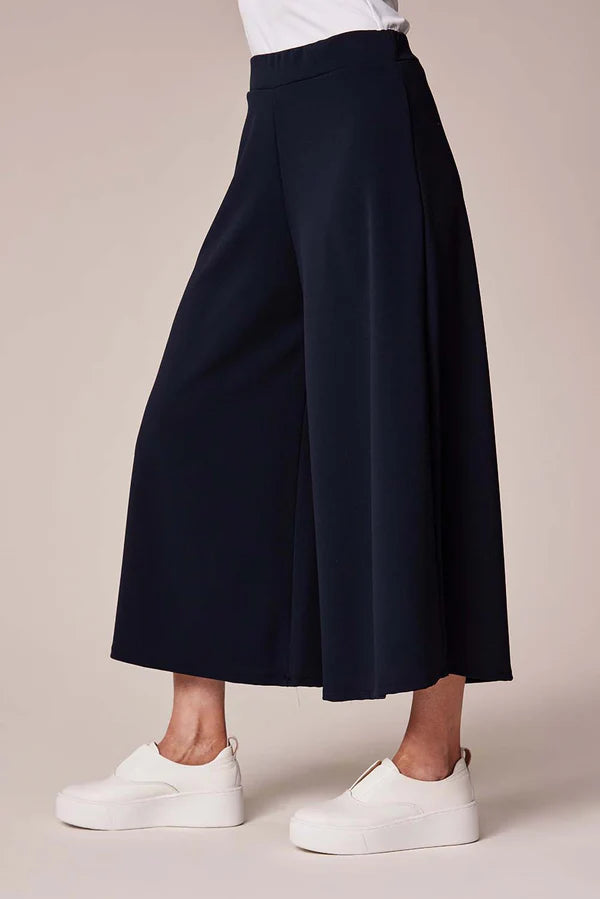 DECK Navy Elasticated Culottes/Cropped Flared Trousers