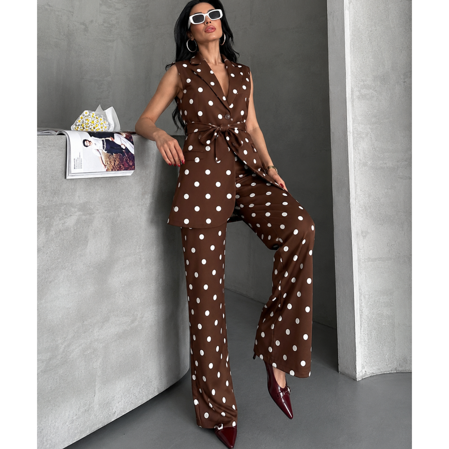 Jessica Polka Dot Belted Co-Ord Brown & White