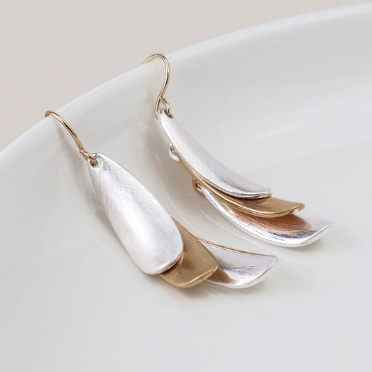 POM Triple Layer Gold & Silver Drop Earrings